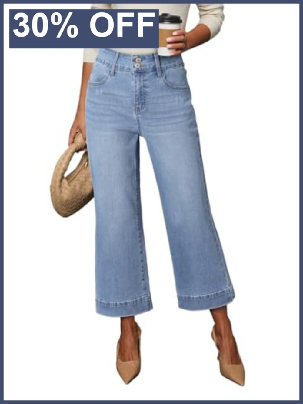 High Waisted Wide Leg Baggy Jeans Stretch Cotton Denim 7/8 Length